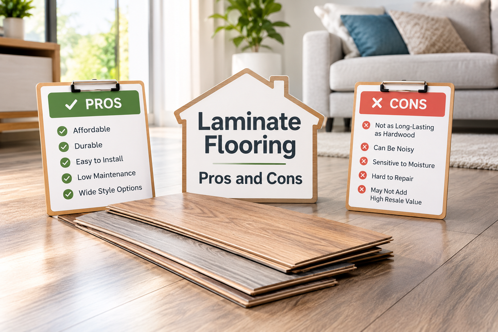 Laminate flooring pros and cons sign between clipboards with wood-look flooring planks