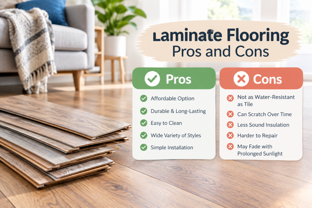 An infographic titled Laminate Flooring Pros and Cons lists benefits like affordability and durability versus drawbacks like scratching and fading.